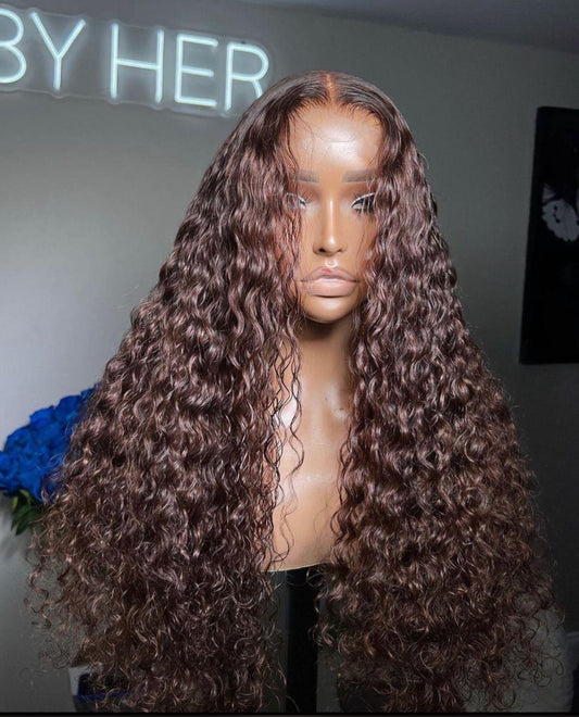 Curly Hair Closure Wig Waterwave Brown